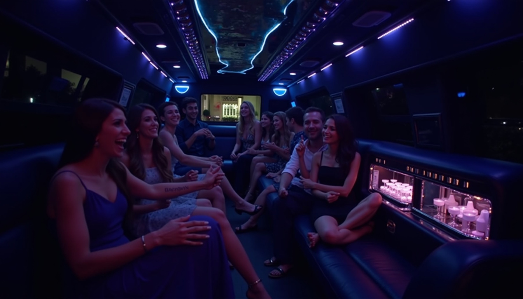 Elegantly dressed group enjoying hourly limousine service in Bronx