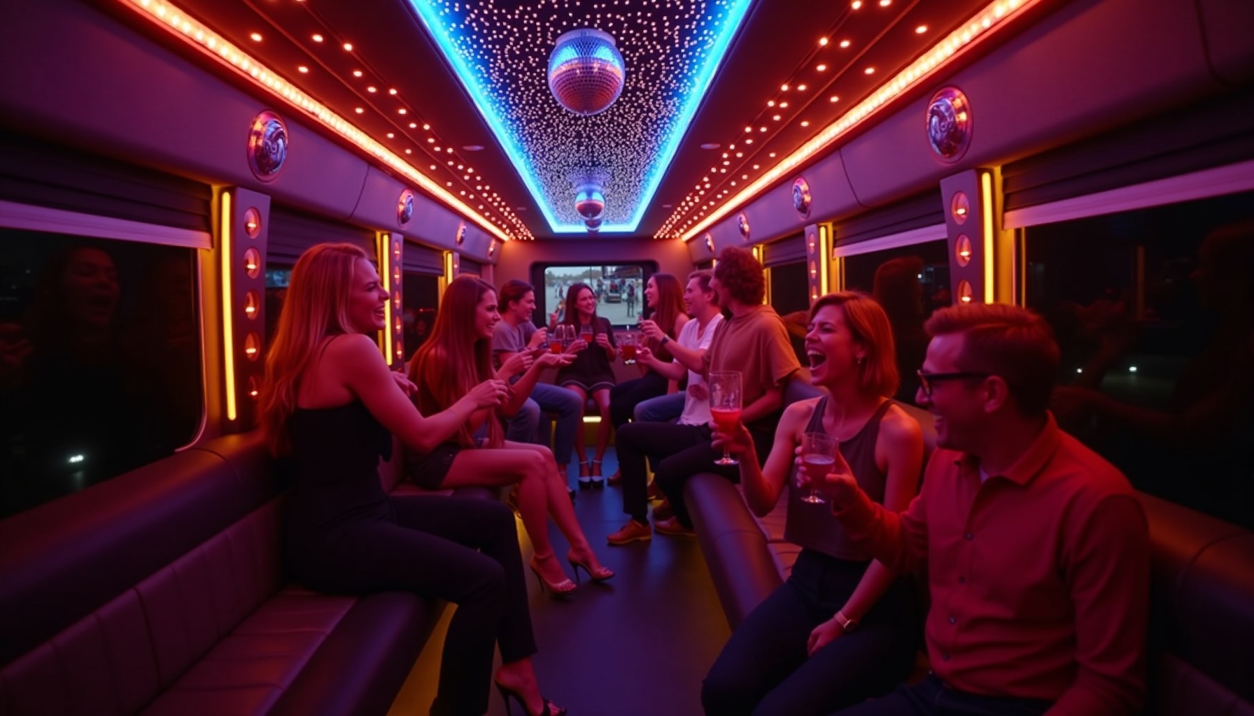 Group celebrating on a luxury party bus charter in Bronx