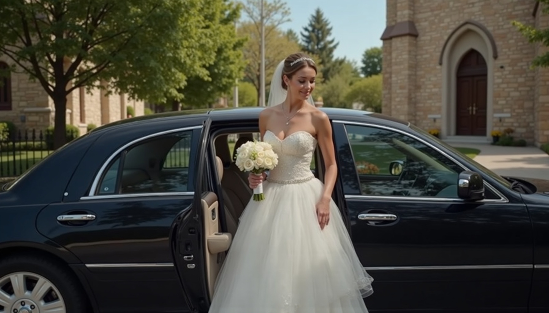 Bride stepping out of M&V wedding limousine in Bronx