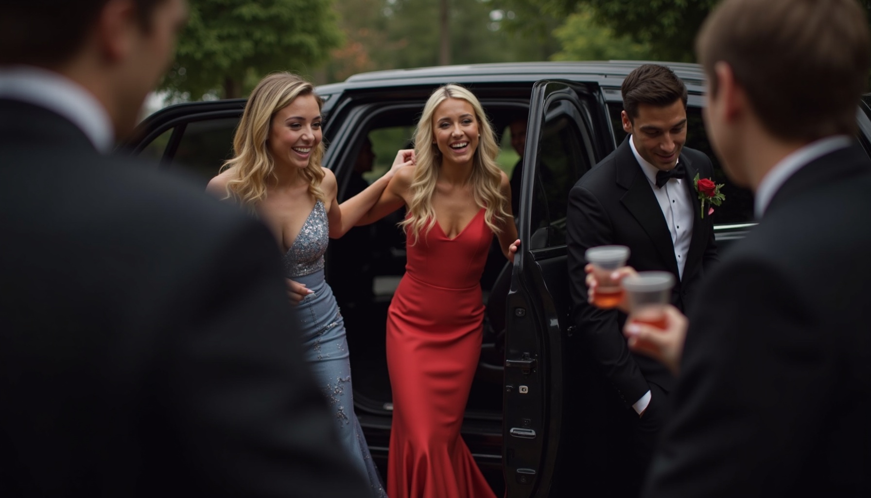 Prom students arriving in a stretch limousine in Bronx, NY