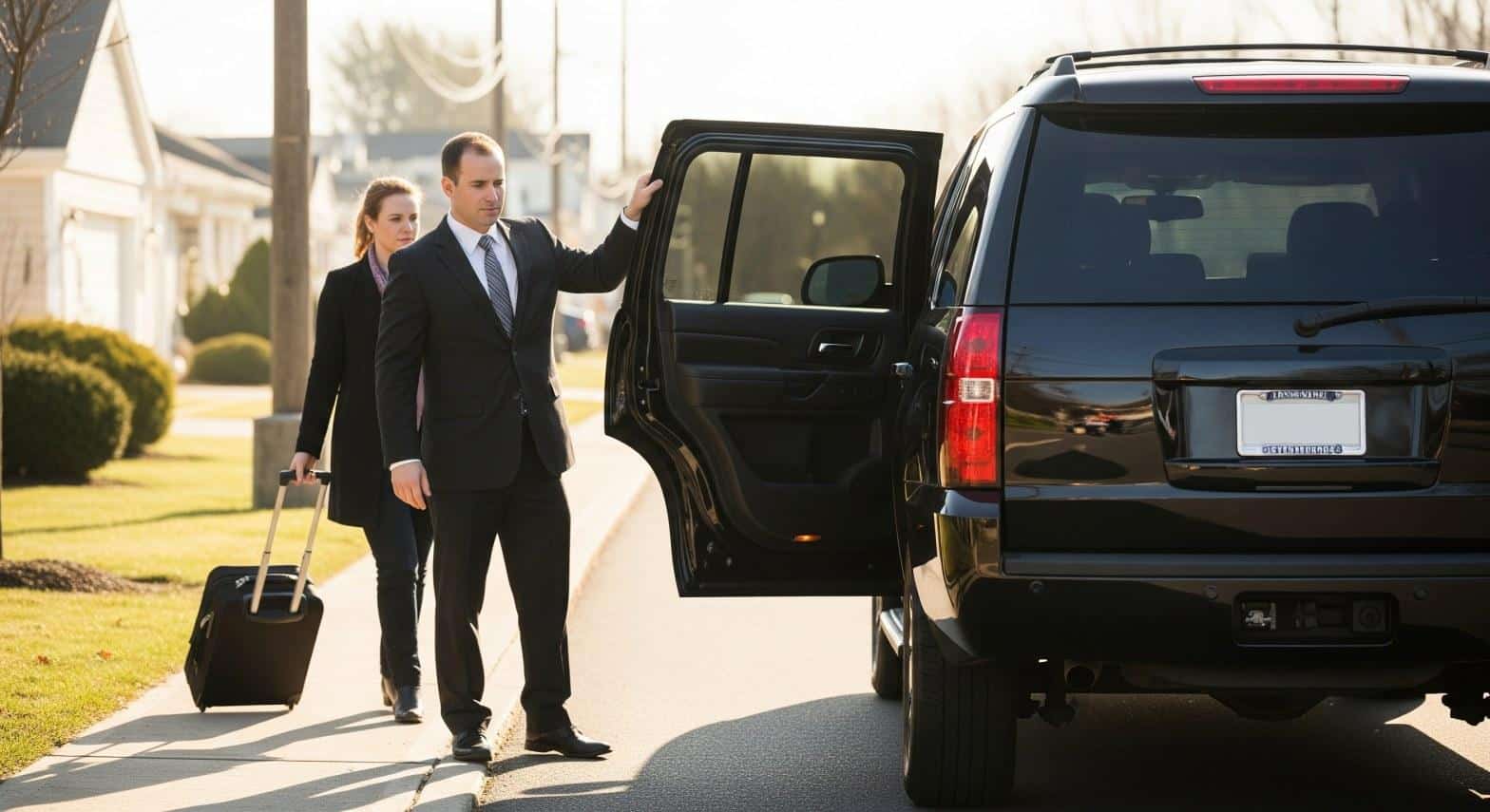 Professional chauffeur opening SUV door for airport transfer client in Commack NY