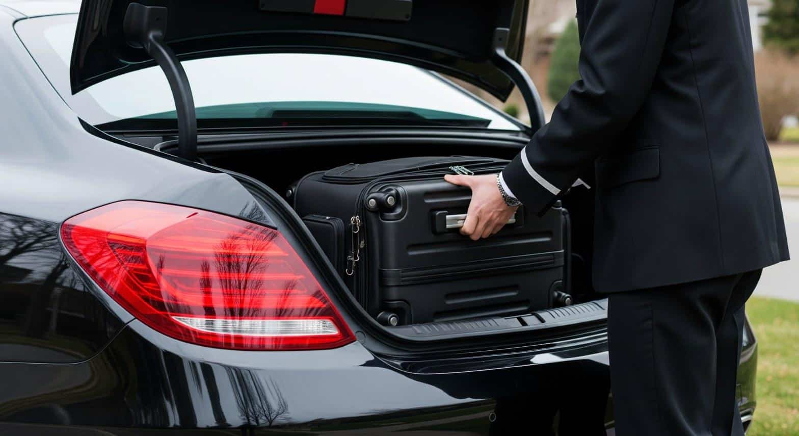 Chauffeur loading luggage into luxury sedan for airport run from Commack NY