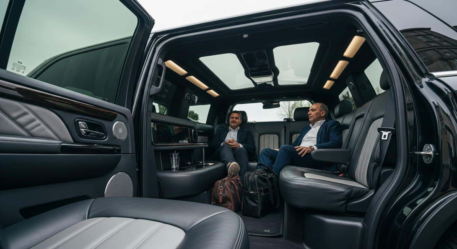 Passengers seated in luxury limo service SUV cabin for Long Island airport transfer