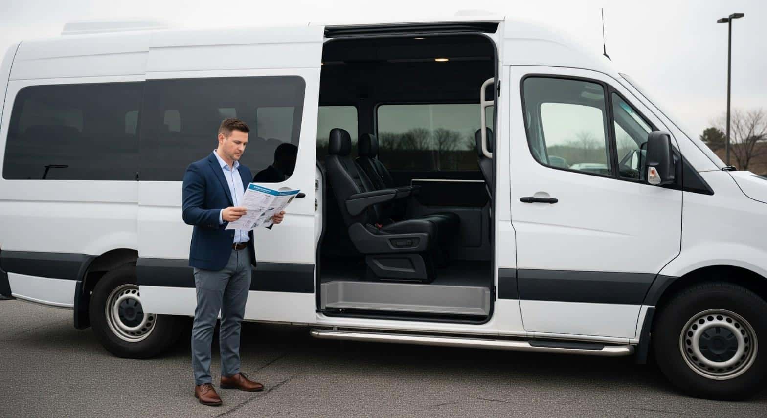 Corporate event planner reviewing itinerary beside a Mercedes Sprinter van in Commack NY