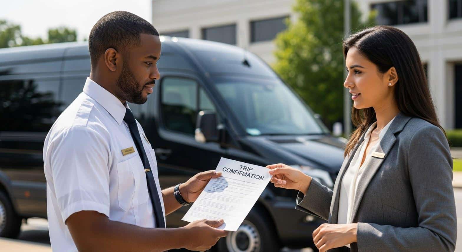 Sprinter van driver reviewing corporate booking details with a client in Commack NY