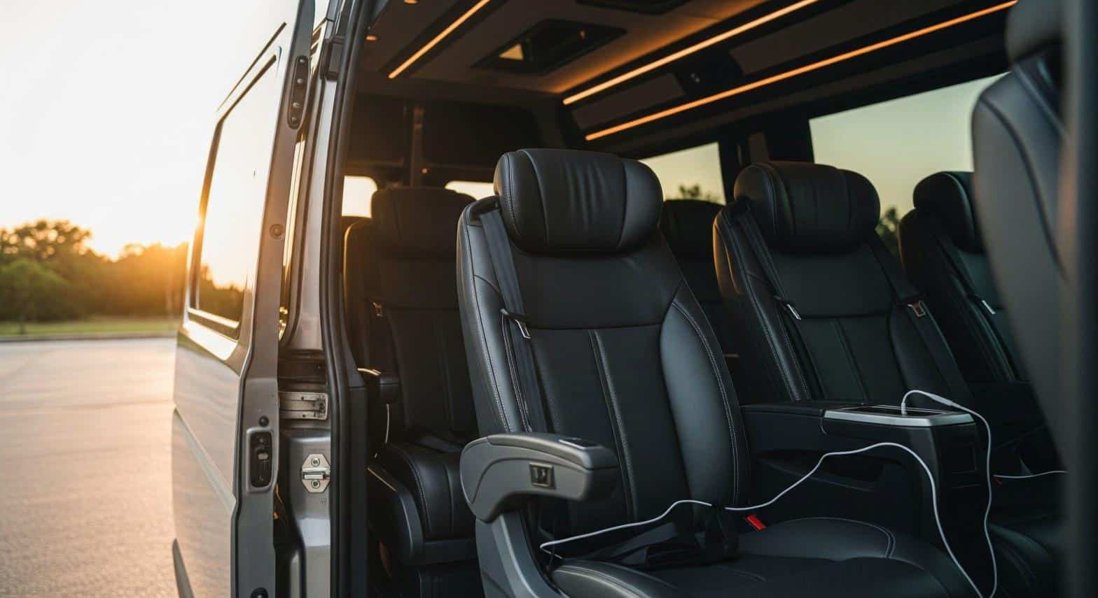 Interior of a luxury sprinter van with leather seating and USB ports for corporate transport in Commack NY