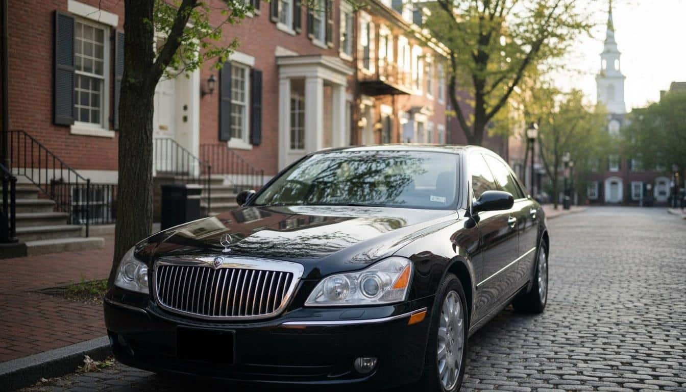 Black luxury sedan parked curbside for airport transportation in Boston NY
