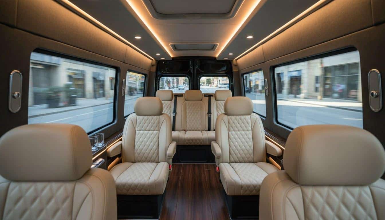 Empty luxury sprinter van interior for group airport transfer in Boston NY