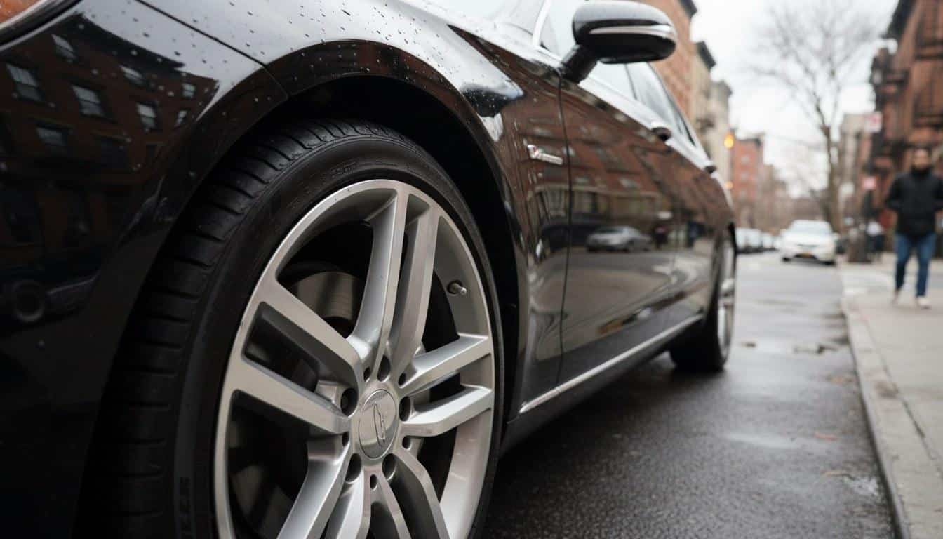 Black executive sedan parked curbside for corporate car service in New York