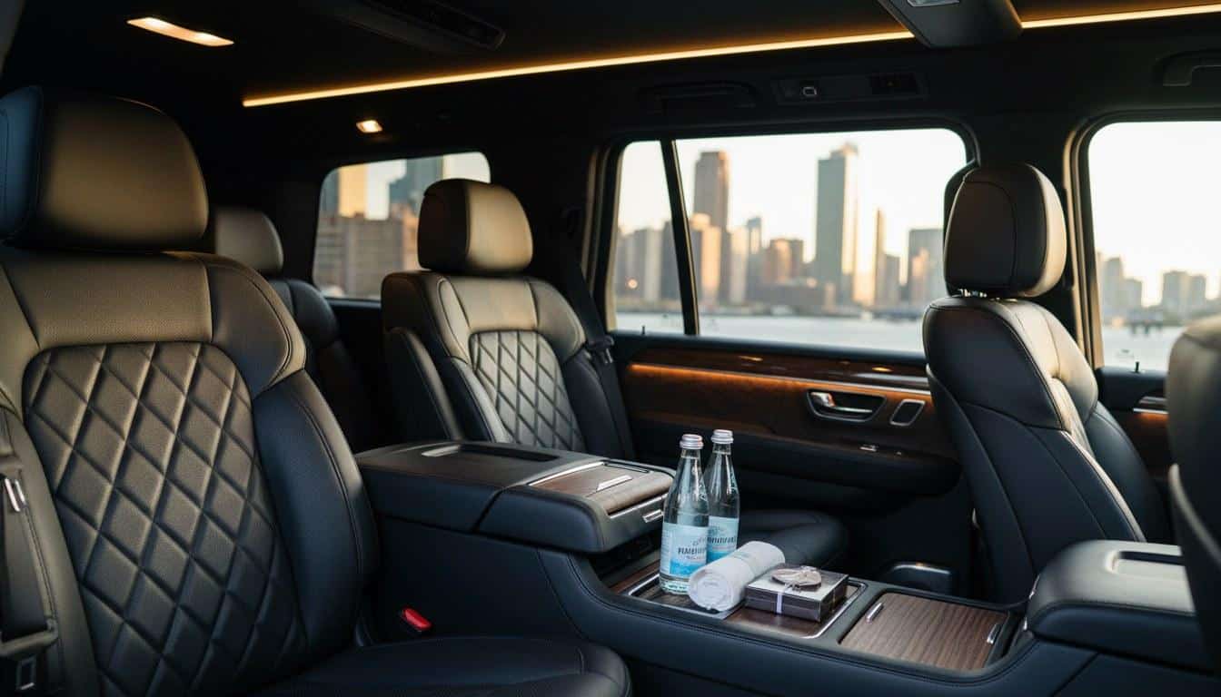Luxury interior of a Mercedes Sprinter van with leather captain's chairs and USB charging ports
