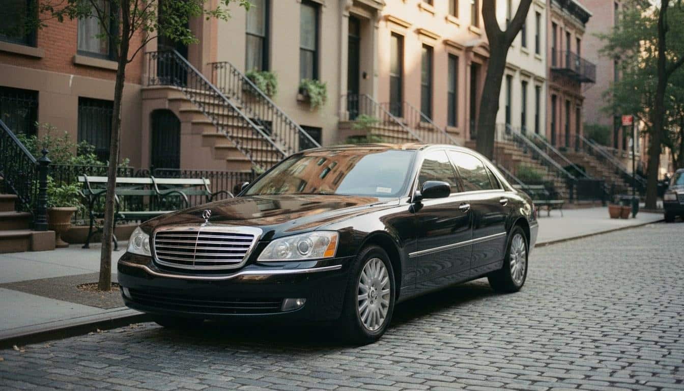Black stretch limousine parked curbside for a wedding in the NY region