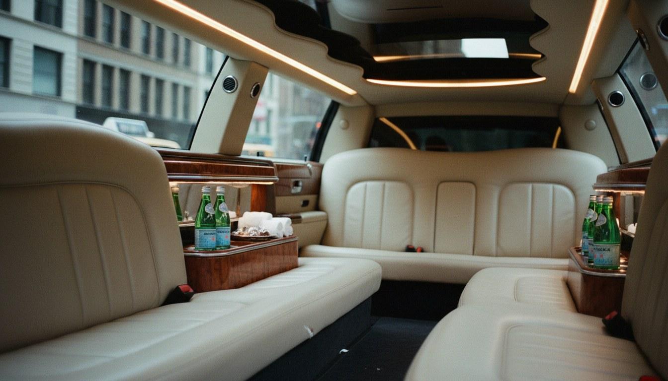 Luxury limousine interior set up for a wedding with champagne flutes and white flowers