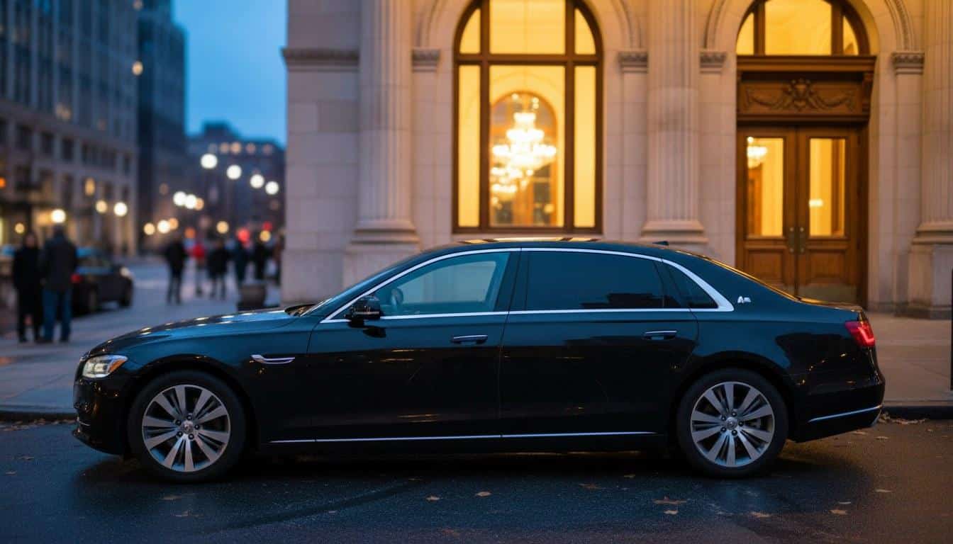 Black stretch limousine parked curbside for a wedding in the NY region
