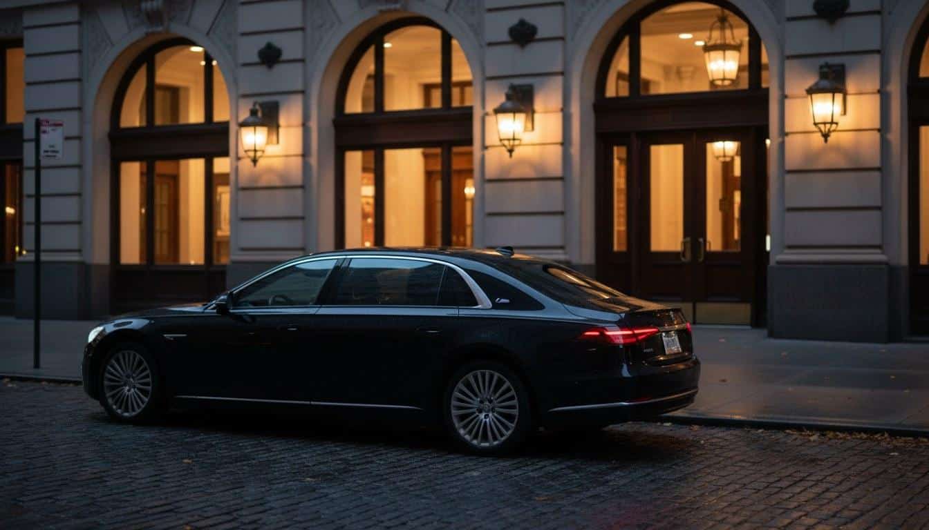 Empty luxury vehicle interior staged for airport transportation with amenities ready