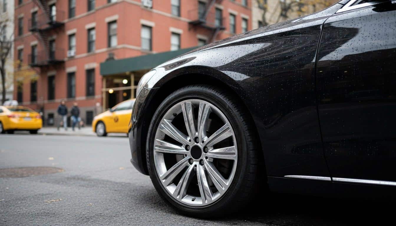 Black luxury sedan waiting at airport arrivals for a pre-booked car service pickup