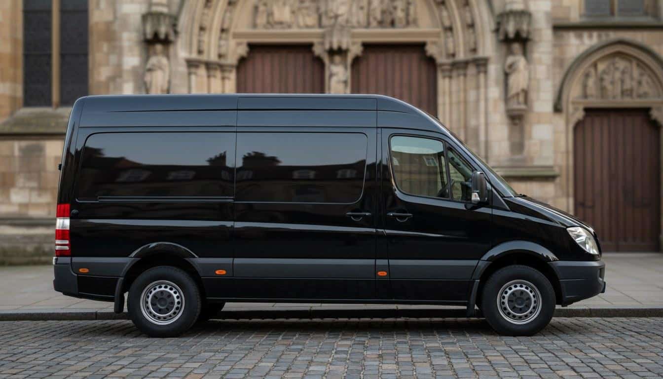 Black Mercedes Sprinter van parked outside a wedding venue in the Northeast