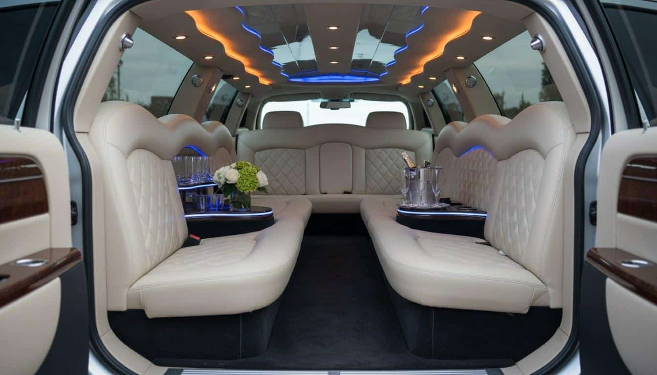 Elegant empty interior of a wedding limousine with champagne flutes and floral decor