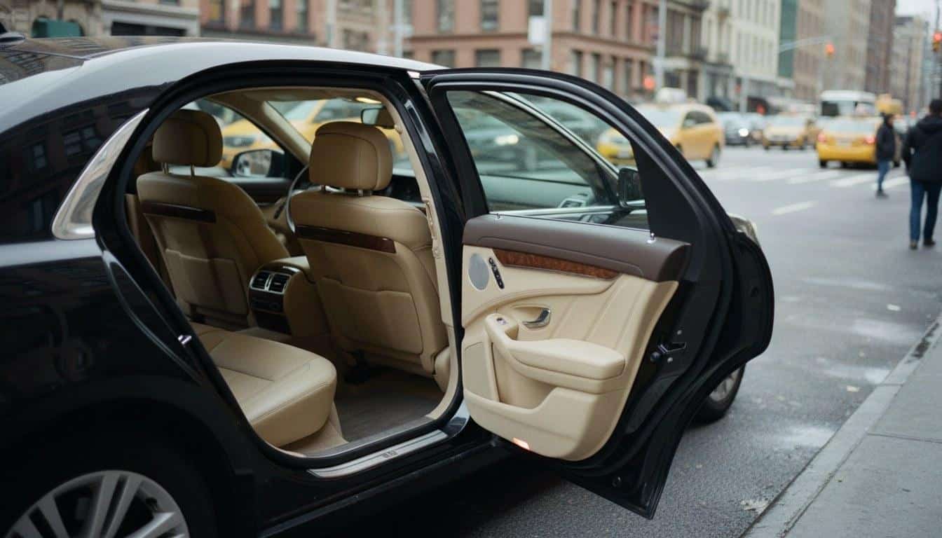 Luxury black sedan parked at a wedding reception hall entrance