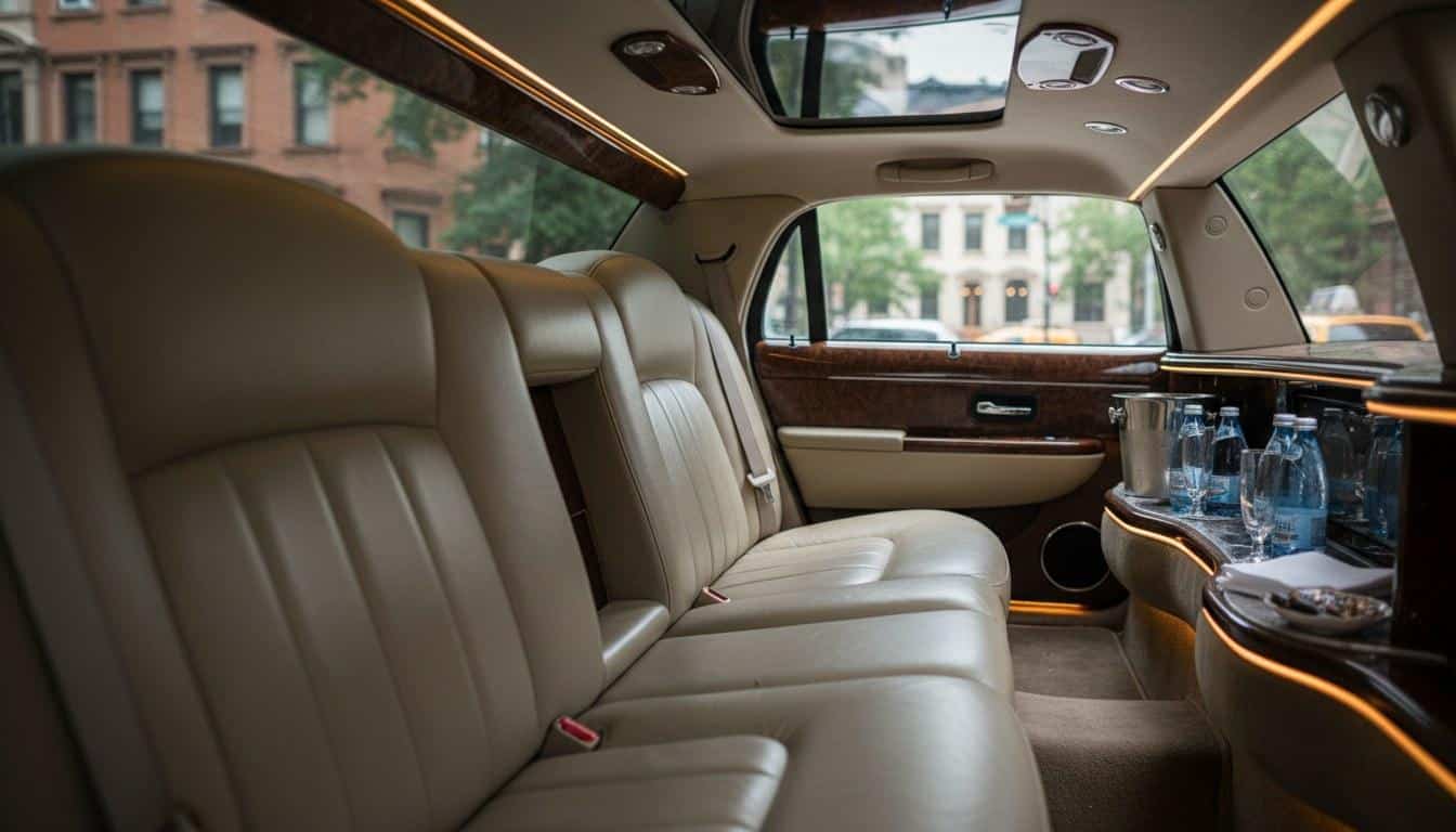 Black stretch limousine parked curbside representing a professional wedding limo service