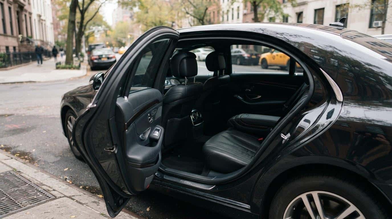 Black luxury sedan parked at a New York airport curbside pickup zone for professional airport transportation