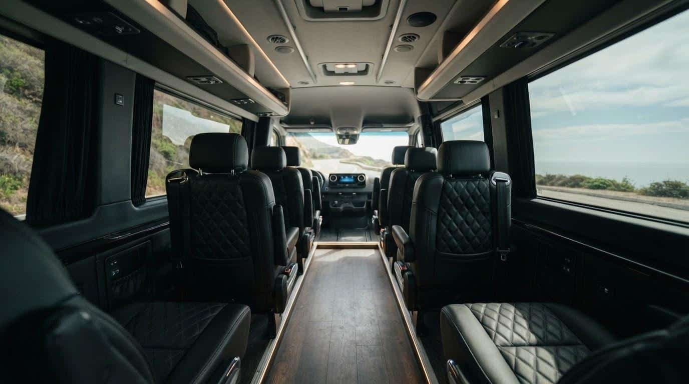 Empty interior of a Mercedes Sprinter van configured for group airport transportation in New York
