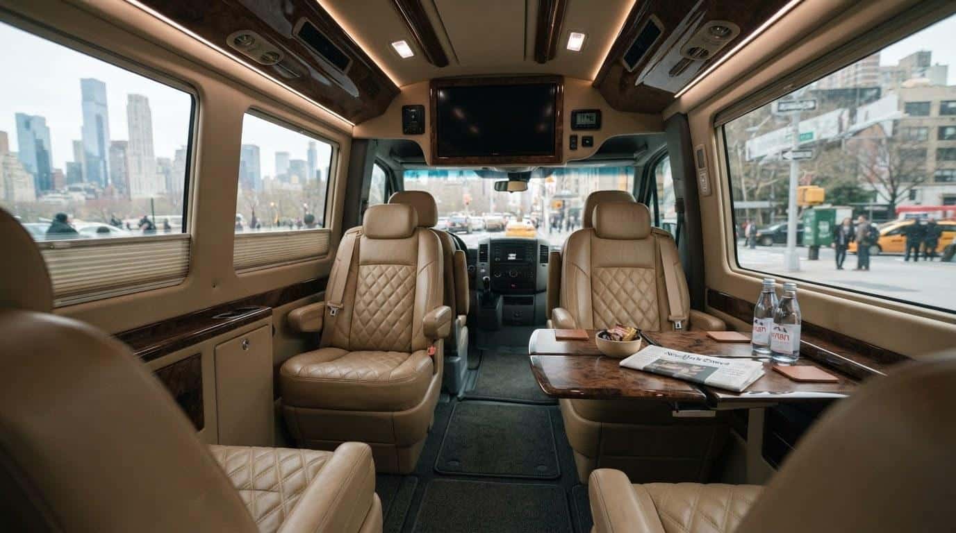 Black SUV with luggage loaded in the cargo area ready for a New York airport transfer
