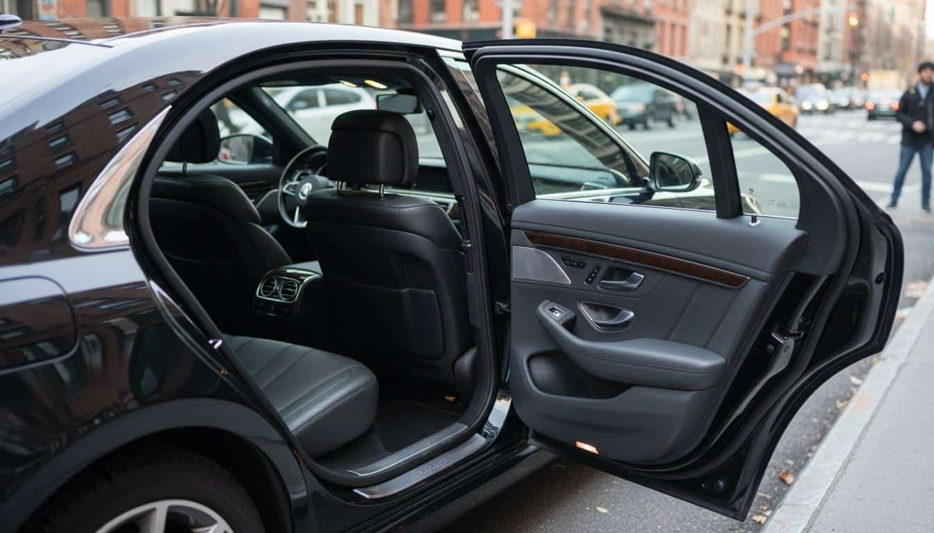 Luxury black Mercedes Sprinter van parked curbside for a NY group transportation booking