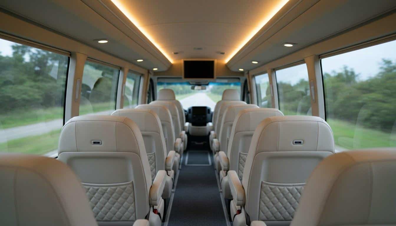 Empty luxury Sprinter van interior with leather seats and ambient lighting for NY group travel