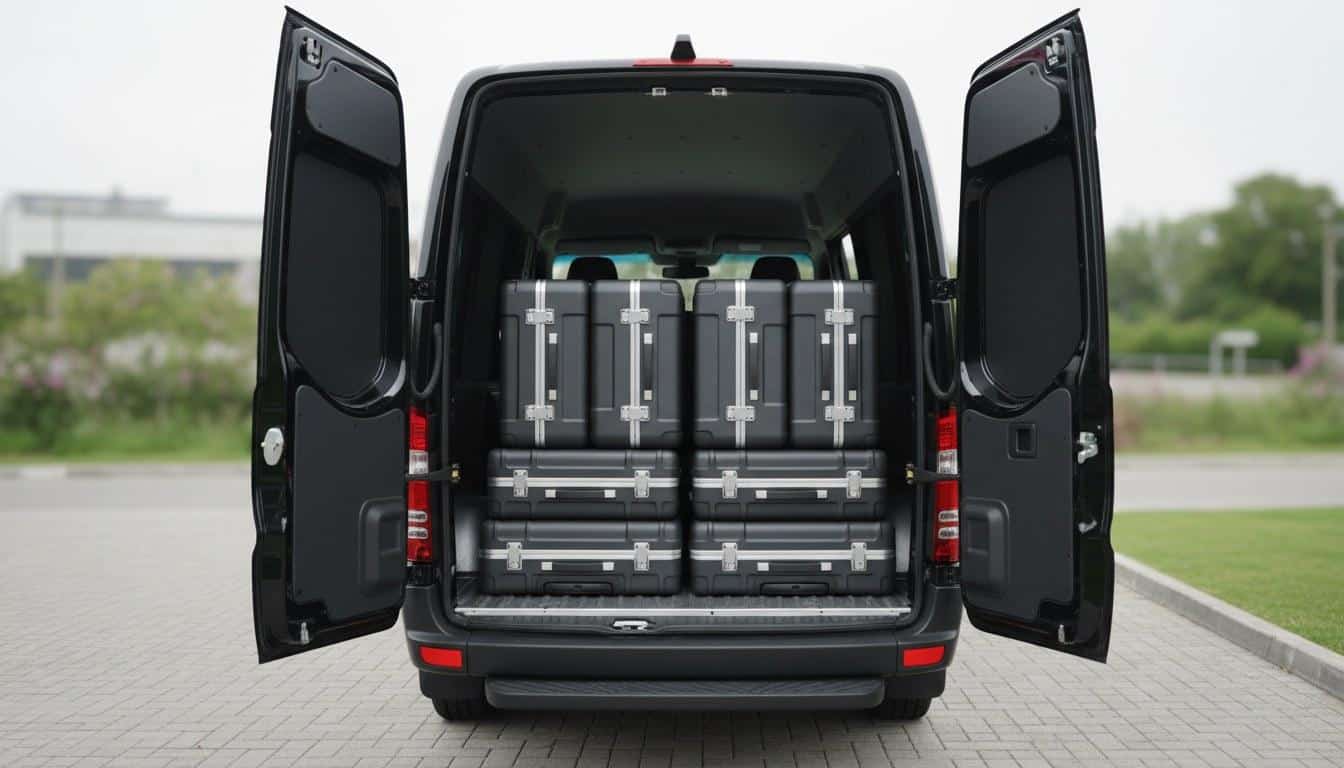 Open rear cargo area of a Sprinter van loaded with luggage for an airport transfer in NY