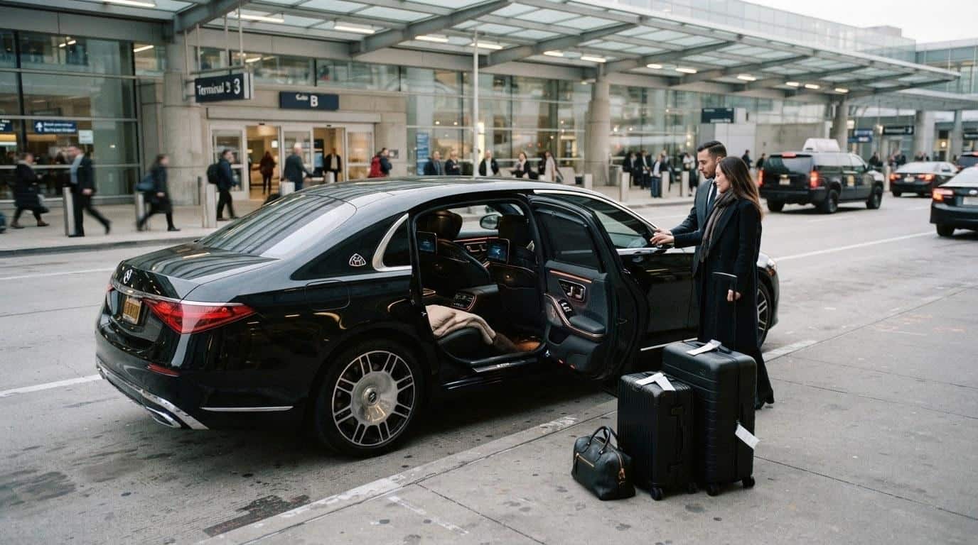 Black Lincoln MKT livery vehicle parked at airport terminal with luggage staged beside open rear door