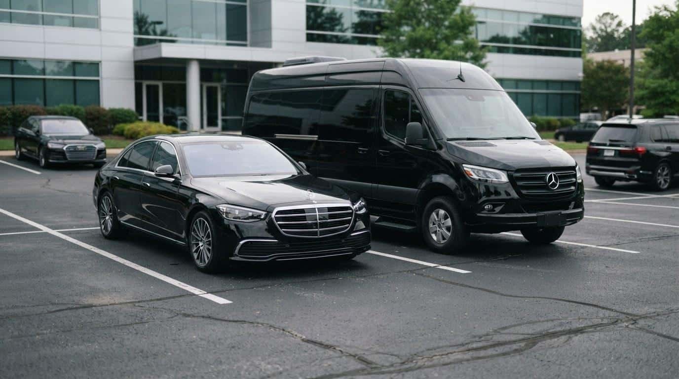 Black luxury sedan and Mercedes Sprinter van parked side by side showing size comparison for airport transfer options