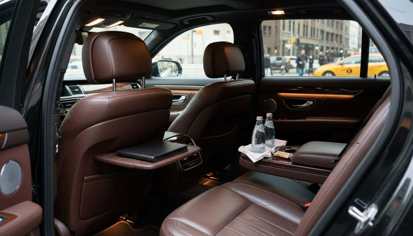 Black party bus parked curbside showing full exterior length for NY party bus rental cost guide