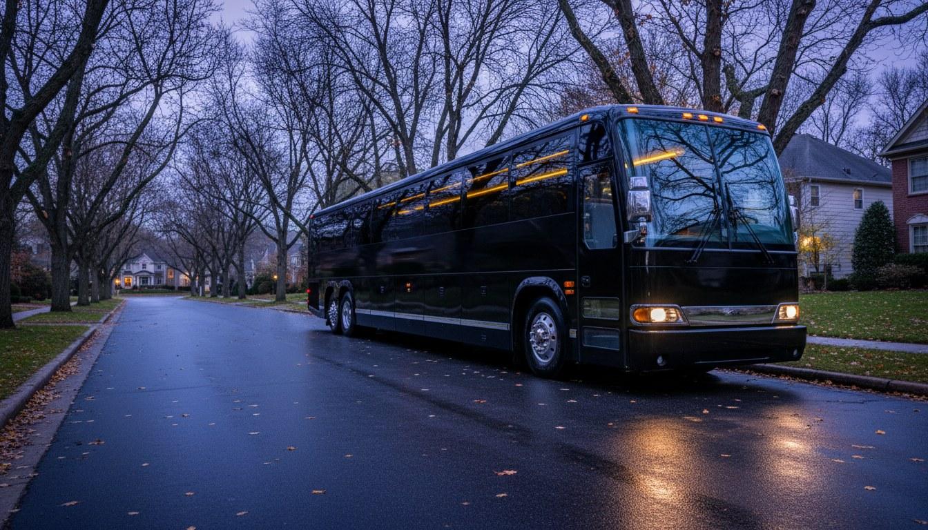 Black party bus parked on a quiet street at dusk