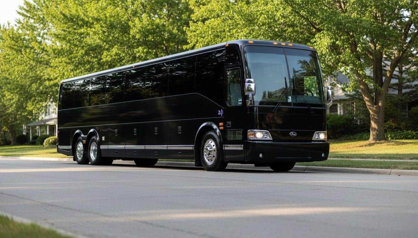 Full-length view of a black party bus parked at the curb