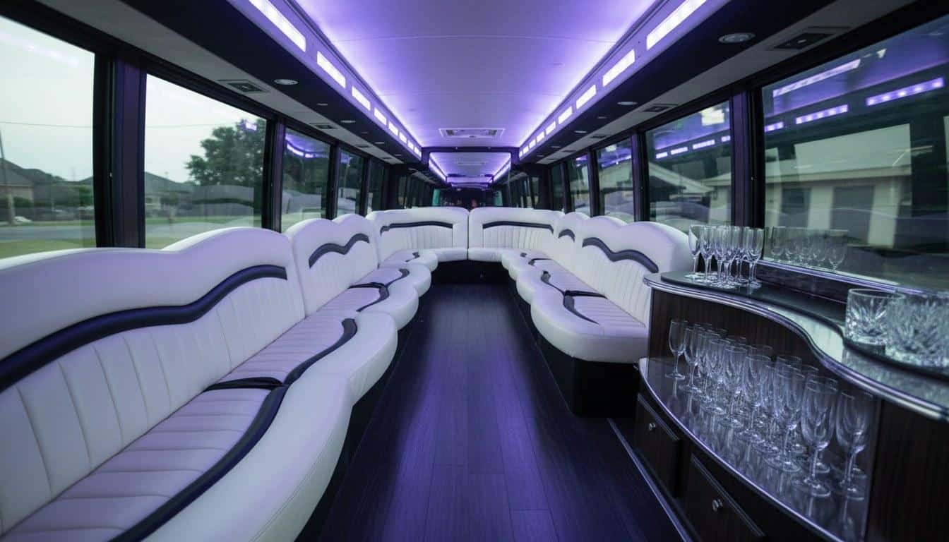 Empty party bus interior with wraparound leather seating and LED ceiling lighting
