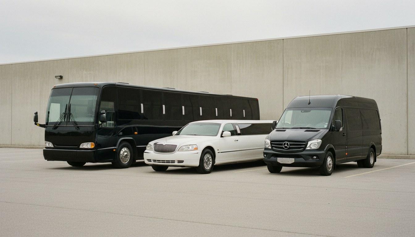 Party bus, stretch limousine and Sprinter van parked side by side for size comparison