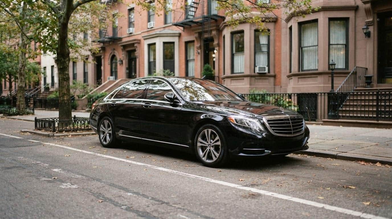 Black luxury SUV parked outside a corporate office building for executive car service in New York