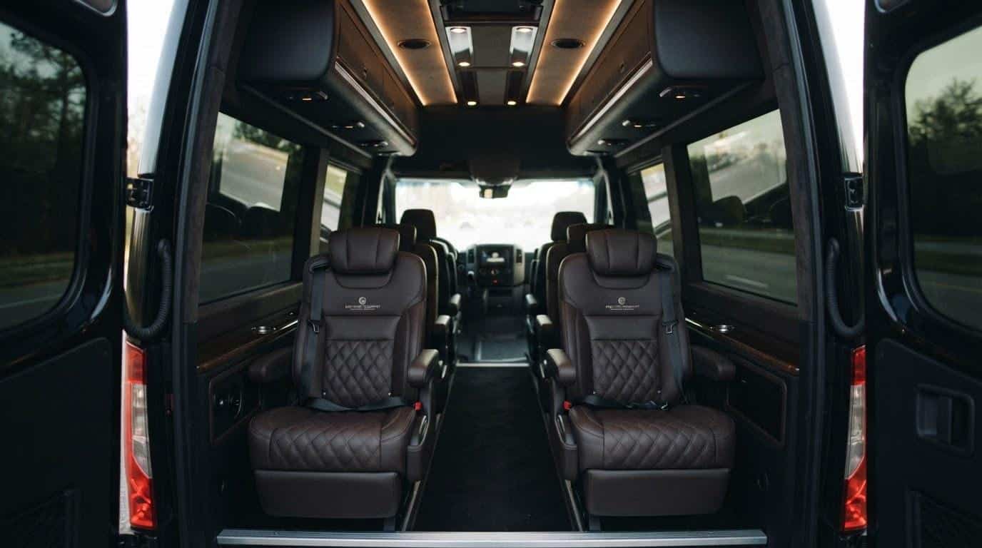 Empty Mercedes Sprinter van interior with premium leather seating for corporate group transportation