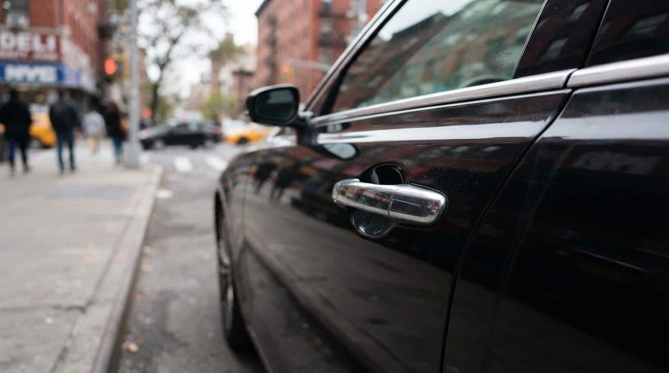 Fleet of black luxury corporate vehicles lined up for a New York business transportation event