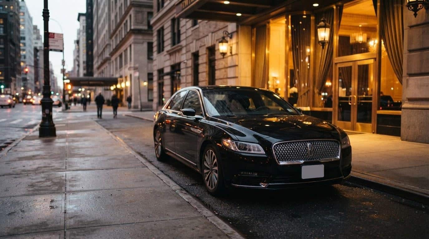 Black stretch limousine parked curbside showing the full vehicle profile for NY limousine service