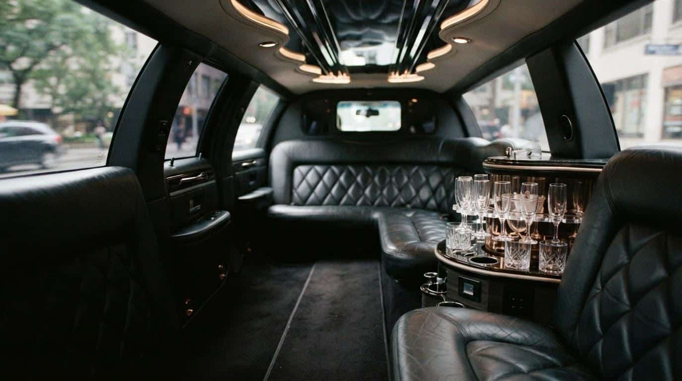 Plush interior cabin of a luxury stretch limousine with leather seating and ambient lighting