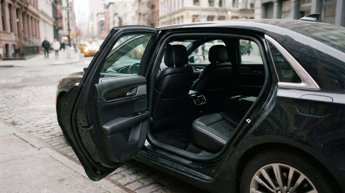 Black luxury SUV limousine parked outside an upscale venue for a special event in NY
