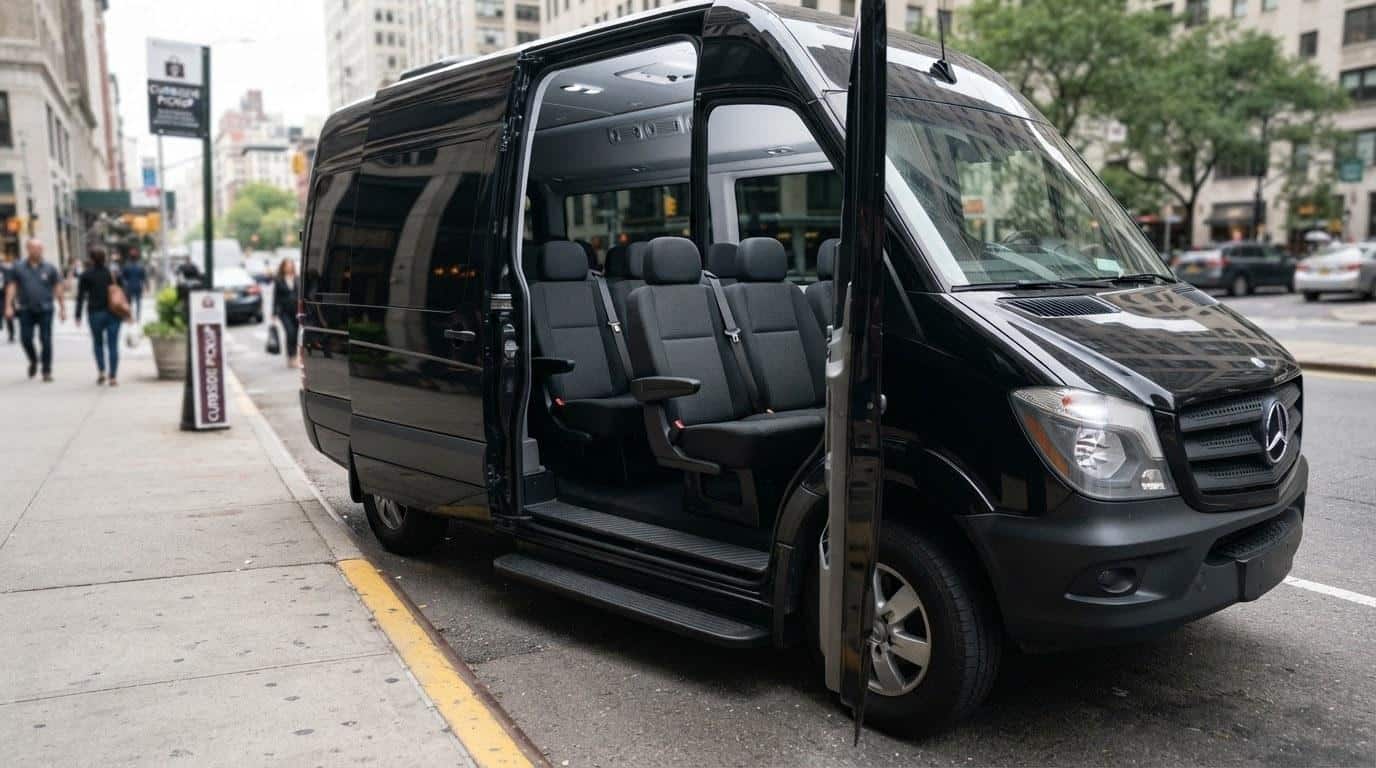 Black Mercedes Sprinter van with open door showing empty passenger cabin for group chauffeured transport in New York