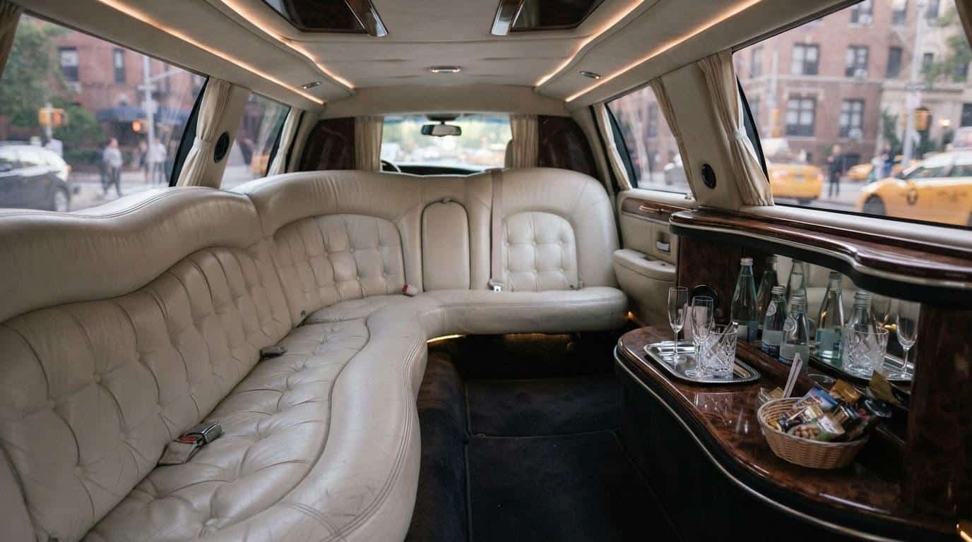 Black luxury limousine sedan parked curbside for chauffeured service in New York