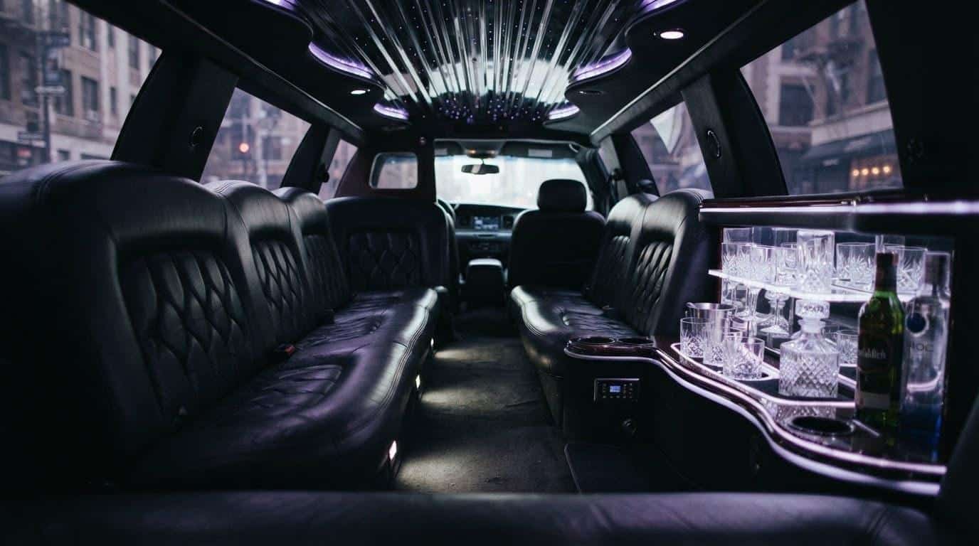 Empty luxury stretch limousine interior with leather seating and ambient lighting for special events