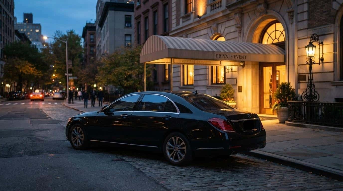 Black luxury SUV limousine with open door parked at a New York event venue